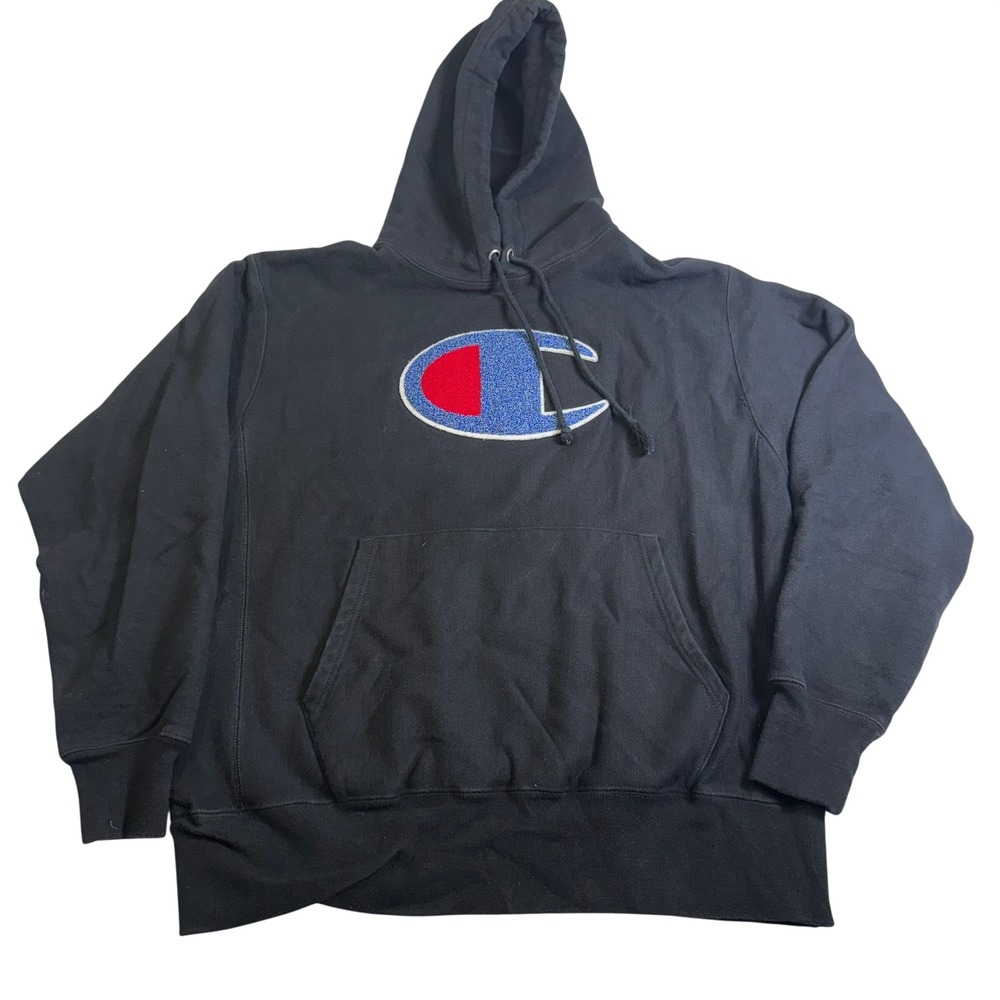 Champion Hoodie Mens Large Black Excellent Reverse Weave Big Chenille Logo GF68